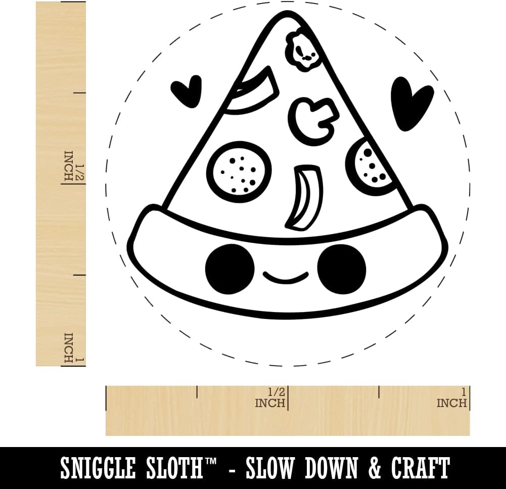Deliciously Kawaii Chibi Pizza Slice Self-Inking Rubber Stamp Ink Stamper for Stamping Crafting Planners - 1-1/2 Inch Large - Blue Ink