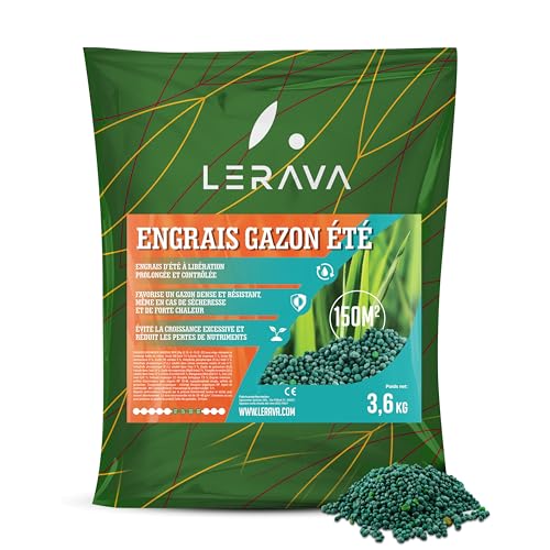 LERAVA® Engrais gazon été (150m²) - Nutrition équilibrée pour pelouse verte et dense - anti mousse gazon granulés riche en azote -Croissance résistance à la sécheresse - Idéal entretien pelouse jardin