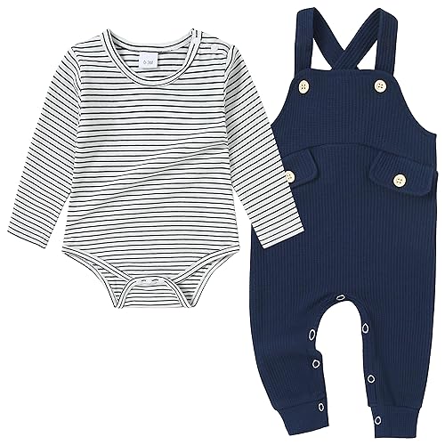 Image of CARETOO Newborn Baby Boy Clothes Infant Boy Romper Fall Winter Outfits Bodysuit 2Pcs Striped Long Sleeve Top Overalls 0-18M