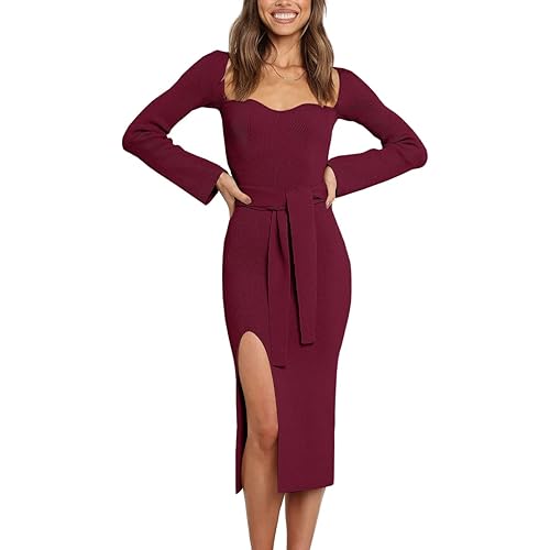 LILLUSORY Women's Sweetheart Neckline Midi Dress Long Sleeve Ribbed Knit Sweater Outfits with Slit and Belt 2024 Spring