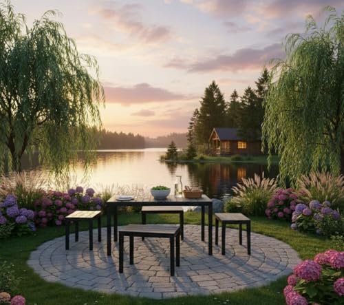 Dmora - Ensemble de salon d'extérieur Sanremo, Composition de jardin avec 1 table rectangulaire et 4 bancs, Salon intérieur et extérieur de Pic Nic, 100% Made in Italy, Anthracite