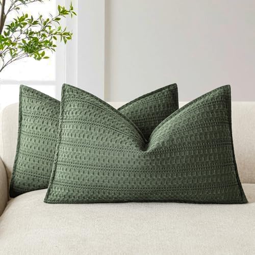 Image of Foindtower Set of 2 Decorative Cotton Waffle Weave Lumbar Throw Pillow Covers Euro Shams Cushion Covers Accent European Pillowcase for Bed Couch Bedroom Living Room Home Decor 12x20 Inch Dark Green