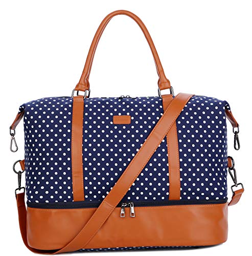 BAOSHA HB-28 Ladies Women Canvas Travel Weekender Bag Overnight Carry-on Shoulder Duffel Tote Bag (Blue Dots with Shoe Compartment)