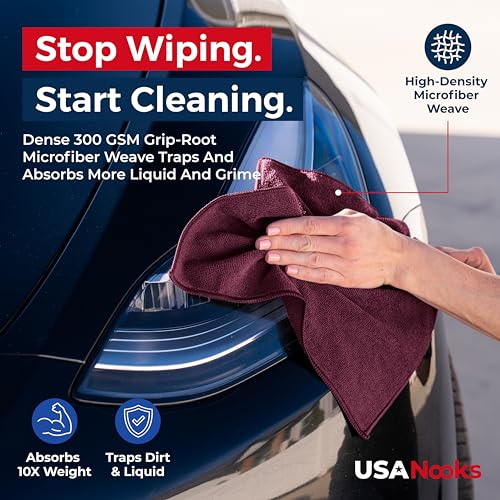 Image of USANOOKS Premium 300GSM Microfiber Cleaning Cloth - 12.5 inchx12.5 inch High Performance - 1200 Washes, Ultra Absorbent Microfiber Towels for Cars Undercarriage, Rims & Engine Bay Cleaning - Microfiber Cloth