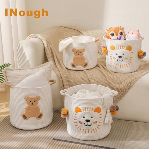Image of Large Blanket Baskets for Living Room Decor, Toy Storage Baskets Woven Cotton Rope Animal Storage Basket for Kids, Dog Toys Organizer Clothes Hamper with Embroidery Decor for Nursery (Large, Lion)