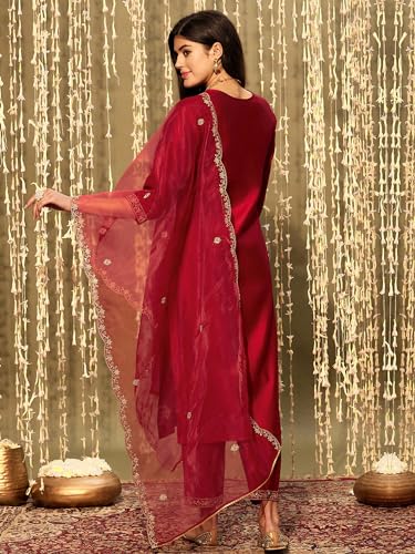 Image of INDO ERA Women's Embroidered Silk Blend Straight Kurta & Palazzo With Dupatta Set (RRRRR9584)