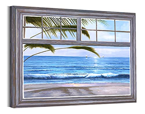 Beach Decor for Bathroom Wall Decorations 12x16inches with Frame Dark Brown Window Wall Art Blue Ocean with Sailboat Prints Wall Picture Bedroom Coastal Canvas Artwork Green Leaf Living Room Decor Painting