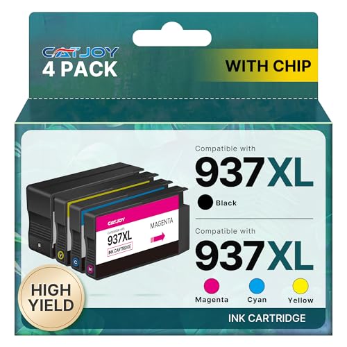 CATJOY 937 Ink Cartridges XL 937e for HP 937 Ink Cartridges Multipack 937XL Compatible for HP Officejet Pro 9720 9730 9120b 9110b 9720b 9130b 9117b (Black,Cyan,Magenta,Yellow 4-pack with Chips)