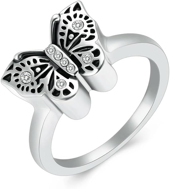 Cremation Rings for Ashes Gold Butterfly Urn Memorial Finger Ring 316L Stainless Steel Keepsake Jewelry Gift for Women Girls-9-Silver