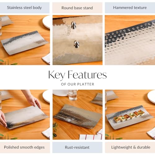 Image of Nestasia Stainless Steel Serving Platter for Snacks (30cmx18cm) - Hammered Rectangular Curved Steel Tray with Glossy Finish | Rust & Scratch Resistant Serveware for Appetisers, Desserts and Breads