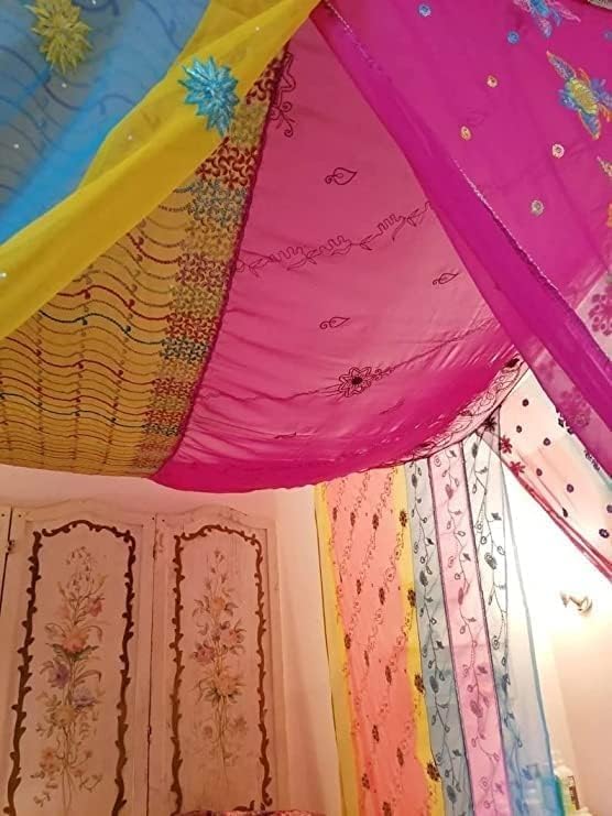 YILLE Bed Canopy King in Stock Curtains Bohemian Hippie Boho Decor India Fabric Silk Made to Order Queen Assorted