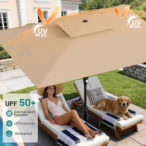 Image of AreShark 8'x10' 2 Tiers Rectangular Patio Umbrella - Outdoor Umbrella Waterproof UV Protection, Market Table Umbrella w /Crank for Pool, Backyard, Deck(Beige)