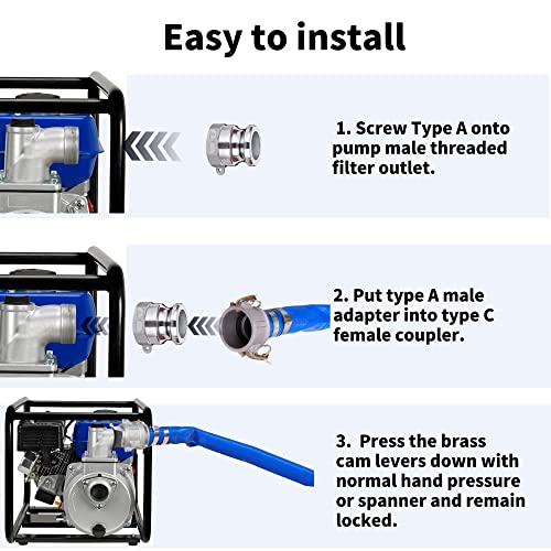 1-1/2" X 50Ft Pvc Lay Flat Discharge Hose With Aluminum Camlock C & E Fittings, Cam Lock Fitting Type A Included, Heavy Duty Reinforced Pump Backwash Hose Assembly #TOP5