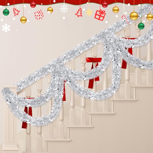 Image of 50FT Silver Christmas Tinsel Garland - Metallic Tinsel Glitter Twist Garland Hanging Streamers for Xmas Tree Garlands Decorations
