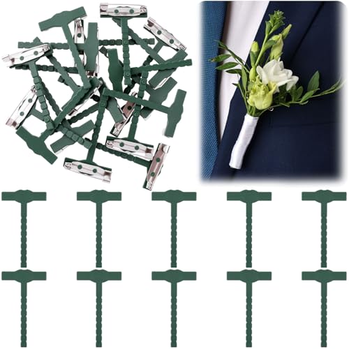 BEIQIYA 10pcs Boutonniere Safety Pins T-Shaped Plastic Corsage Pins Safety Clips for Bride Groom Tiny Boutonniere Brooch Supplies for Wedding Festivals Birthday Parties- Green