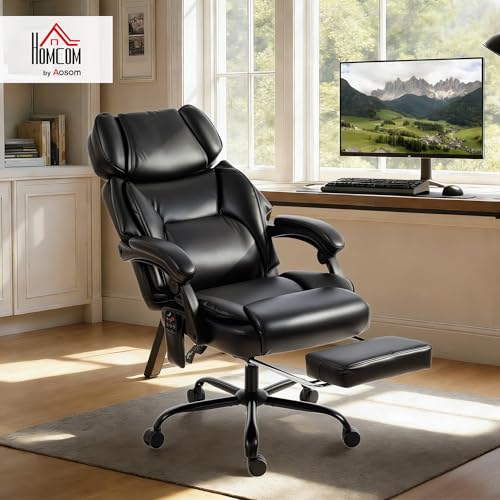 Image of HOMCOM Massage Office Chair with Lumbar Heat, Ergonomic Executive Desk Chair with Adjustable Headrest, 6 Points Vibration, High Back, Reclining, Padded Armrests, Footrest, PU Leather, Black