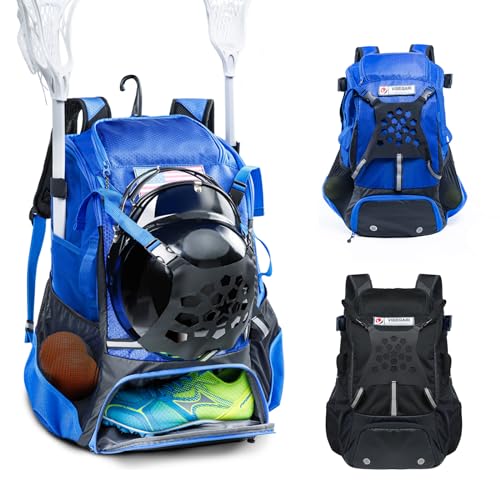 VIGEGARI Lacrosse Tasche mit Stockhalter, Rucksack mit Helmhalterung, Separater Schuhablage, Sporttaschen mit Taschen für Handschuhe, Ellenbogenschützer, Zubehör