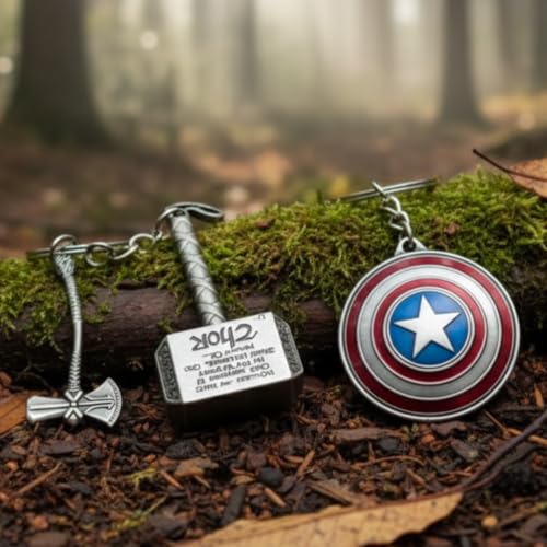 Image of MARVEL THOR Metallic SILVER Hammer,Stormbreaker /Axe & DR STRANGE,CAPTAIN AMERICA SHIELD Spinning KEYCHAIN,Heavy Quality Metal,Combo Pack for Kids Men Women Car Bike Home