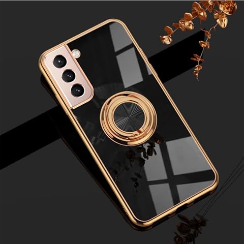 EYZUTAK Electroplated Magnetic Ring Holder Case, 360 Degree with Rotation Metal Finger Ring Holder Magnet Car Holder Soft Silicone Shockproof Cover for Samsung Galaxy S21 Ultra - Black Cover