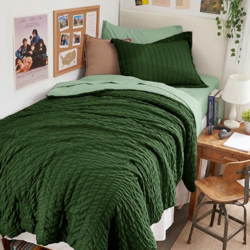 Image of HYMOKEGE Dark Green /Sage Green Twin XL Comforter Set Seersucker 5 Pieces, All Season Luxury Bed in a Bag for Bedroom, Bedding Set with Comforter, Sheets, Pillowcase & Sham