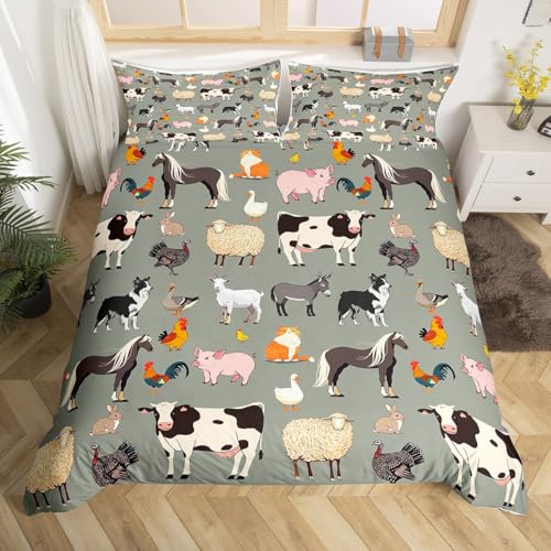 Farm Animals Bedding Set Twin for Kids,Cartoon Farmhouse Animal Theme Duvet Cover for Boys Girls Teens Funny Horse Sheep Cow Comforter Cover Cute Pig Cat Dog Rooster Quilt Cover for All Season,Gray