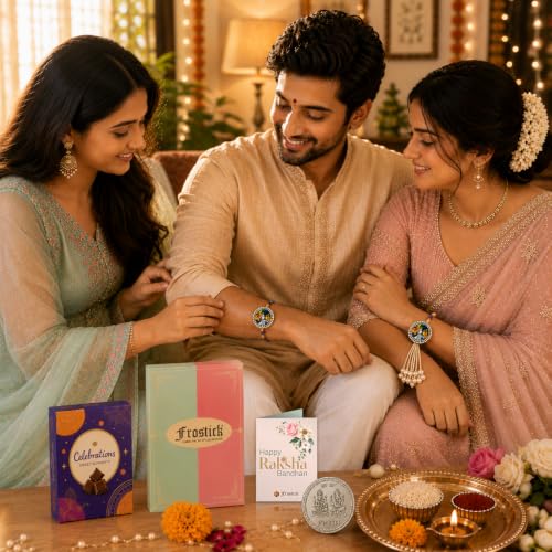 Image of Frostick Celebrate Raksha Bandhan with Bhaiya Bhabhi Rakhi Combo - Designer Rakhi Pair, Cadbury Celebrations, Roli Chawal, Greeting Card & Gift Box for Gifting