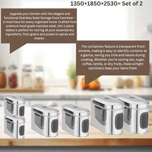 Image of Stainless Steel Capsule Food Canisters /Jars /Containers for Kitchen Storage with See Through Window - set of 6, 1350 /1850 /2350 ml capacity, Silver