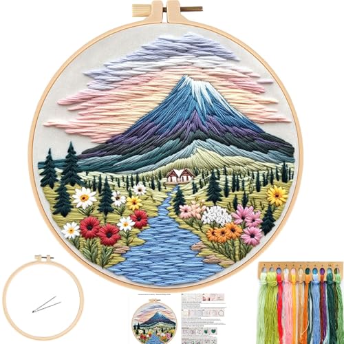 Image of FONNUY Embroidery Kit for Beginners, Flower Hill Nature Landscape Pre-Stamped Pattern Kits for Adults with Hoop, Easy to Follow Color Thread Needlework, 8'' Hoop (Purple Blue)