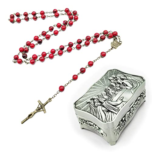 FLYDRUM Rosary with Jewelry Box, Glass Rosary Necklace with Jesus Cross Bulk Rosary Beads Catholic Rosary Round Prayer Beads Perfect Catholic Gifts for Women and Men
