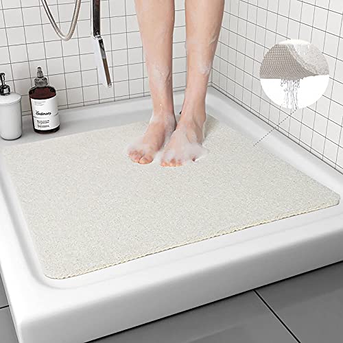 Square Shower Mat, Loofah Shower Mat Non Slip, 53 x 53cm Non Slip Bath Mat Comfort and Improved Stability, PVC Loofah Bathroom Mats for Wet Areas (White)
