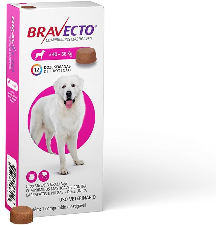 Bravecto® Cães 1400mg - Antipulgas e Carrapatos - Cães de 40 a 56kg - 1 Comp. Mastigável - MSD Saúde Animal Bravecto® Cães 1400mg - Antipulgas e Carrapatos - Cães de 40 a 56kg - 1 Comp. Mastigável - MSD Saúde Animal