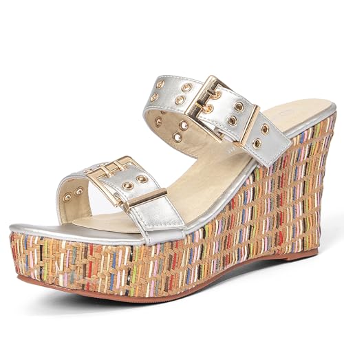 Jeesay Women's Slides Wedge Sandals with Buckle Strap Slip On Peep Toe Platform Sandals High Heels Shoes