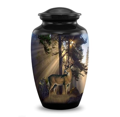 Gone Hunting Deer Cremation Urn with Sunrays – Majestic Buck Memorial Urn for Human Ashes – Handcrafted Full Size Adult Funeral Urn up to 200 lbs with Velvet Bag (Large)