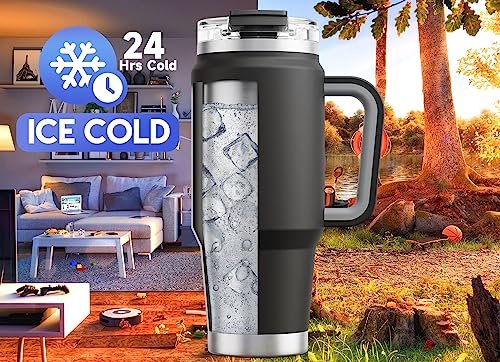 Image of Meoky 32 oz Tumbler with Handle, Insulated Tumbler with Lid and Straw, Stainless Steel Travel Mug, Keeps Cold for 24 Hours, 100% Leak Proof, Fits in Car Cup Holder (Night)