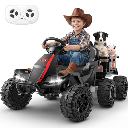 Image of Hikole 24V Ride on Toys Tractor for Kids 3+ w /Trailer, Electric Car, Black
