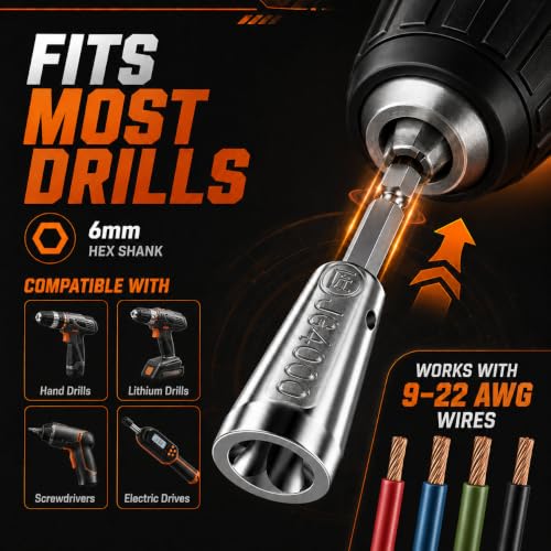 Image of Wire Twister Tool for Drill, 2026 Upgraded 40Cr Steel Wire Connector Twisting Tool with Observation Port, 6 mm Hex Shank for 9-22 AWG / 1.5-6 mm Wires, 2 Pack