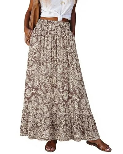 Bsubseach Womens Boho Floral Print Maxi Skirts Elastic High Waist