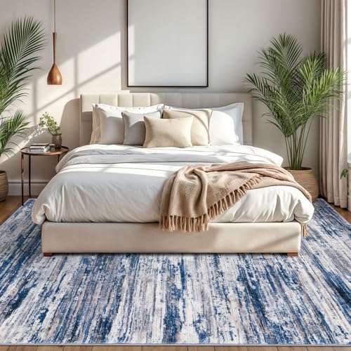 Navy Blue Gray Neutral Multi 8x10 Modern Abstract Area Rug for Bedroom, Large Super Soft Washable Rugs with Non-Slip, Non-Shedding Carpet for Living Room, Indoor Door Mat For Office Home Décor