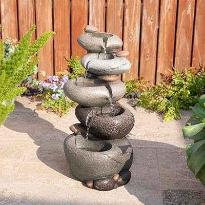 Glitzhome Water Fountain Outdoor, 5-Tiered Stacked Pebbles Outdoor Fountain with LED Lights and Pump, 24.5" H Zen Style Polyresin Waterfall Fountain Water Feature for Garden, Yard, Patio, Porch Decor