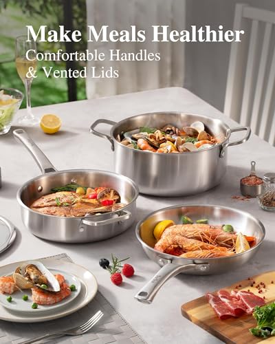 Image of Stainless Steel Pans, Stainless Steel Cookware Set, 8 /10 /12 Inch with Lid, PFOA & PTFE Free Skillets, Non Toxic Chef's Pan Set, Frying Pans for Cooking, Oven & Dishwasher Safe, Induction Compatible