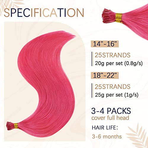 Runature Hot Pink Hair Extensions I Tip Human Hair Extensions 18 Inch Colored Human Hair Extensions Straight Pre Bonded I Tip Hair Extensions Human Hair Full Ends 25G 25 Strands #TOP2