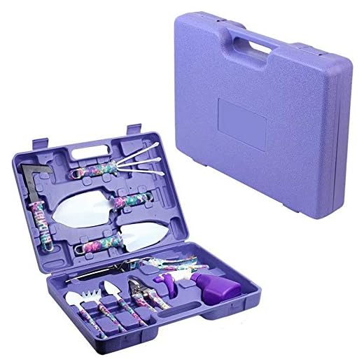 Freehawk Garden Tools Set Gardening Tool with Purple Floral Print Rubber Handle Pruner Shears, Shovel, Rake, Sprayer Hand Tools with Carrying Case (Set of 10PCS)