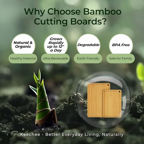 Image of Keechee Natural Bamboo Cutting Board Set of 2, Wood Chopping Blocks | Deep juice grooves, built-in handles, versatile two piece set for meat, cheese and fruit