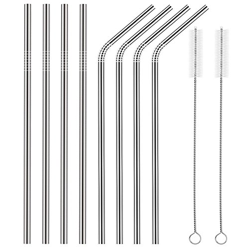 Image of Expresso Stainless Steel BPA-Free Reusable Drinking Straws with 4 Straight, 4 Bent and 2 Cleaning Brushes (Silver)