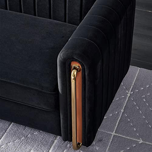 Image of KEIKI 84 inch Velvet Deep Channel Tufted Sofa with Back Cushions and Rolled Arms, Modern Style 3-Seater Couch with Golden Polished Steel Legs, Easy Assembly, for Living Room, Bedroom, Office, Black