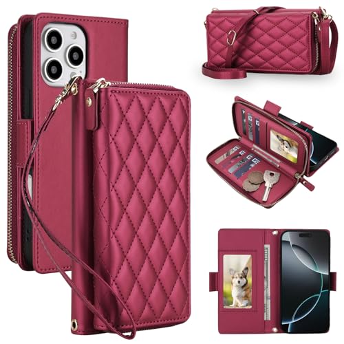 Étui portefeuille iPhone 16 Pro rouge vin à 8 emplacements cartes et fermeture éclair