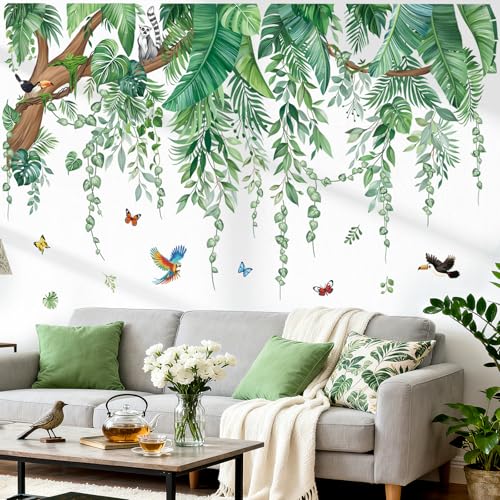 wondever Wandtattoo Tropische Blätter Baum Ast Groß Wandaufkleber Hängende Grüne Palmen Blätter Wandsticker Wanddeko für Wohnzimmer Schlafzimmer Sofa Hintergrund