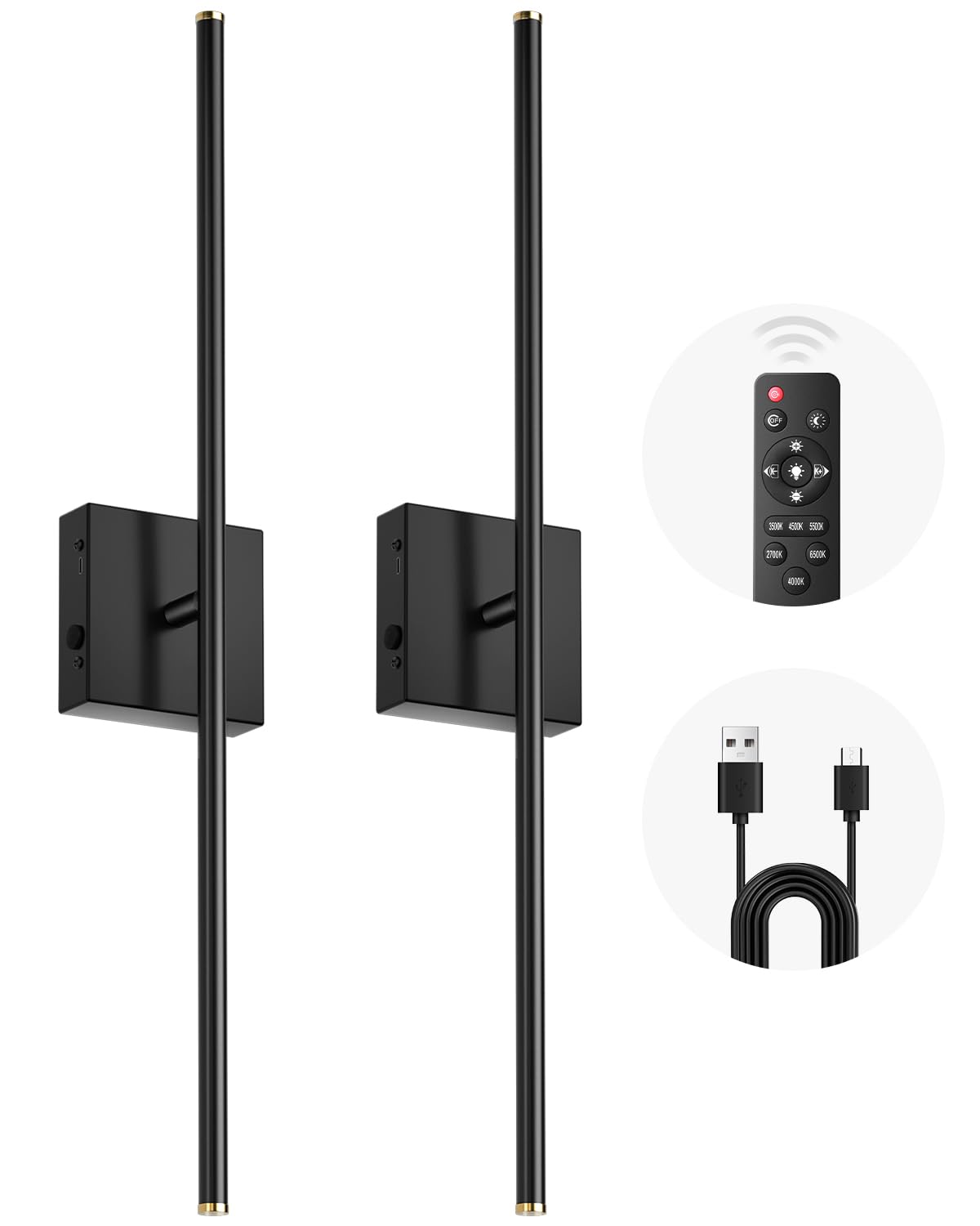CLV Rechargeable Wall Sconce Lights, Battery Operated Wall Lights 6 Color Temperature, Wall Lamp Dimmable Wireless with Remote Control Black 70CM for Living Room Bedroom Hallway, 2P