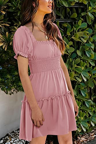 Image of Womens Babydoll Mini Dress Casual Square Neck Short Sleeve Summer Dresses | Empire Waist, Smocked, Flowy, Short Beach Dress, Vacation, Floral, Boho