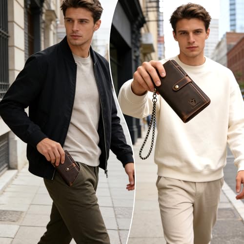 Image of Genuine Crazy Horse Leather Travel Gift Coin Pocket Card Case Long Organizer Chain Rfid Wallet Purse With Snap For Men Male 1803 1815 (W-1821-Brown)
